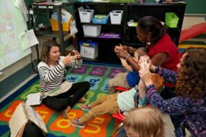 Teacher leading students in carpet time activities