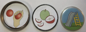 Pictures are glued to metal lids for mason jars or other glass containers.